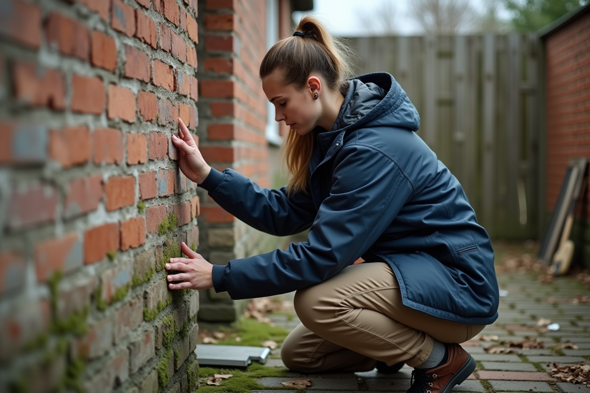 Jeune femme isolant une vieille maison dans un jardin