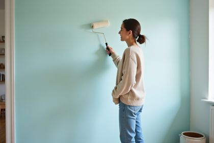 Jeune femme peignant un mur pastel dans un salon cosy