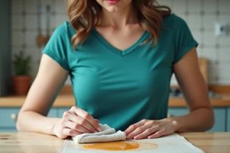Jeune femme en t-shirt teal avec tache de fruit à la maison