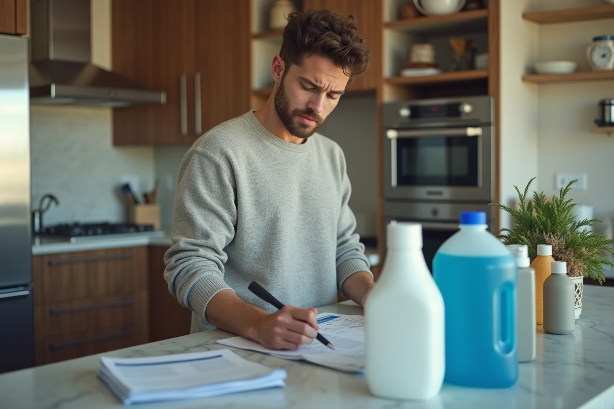 Jeune homme dans la cuisine examinant des produits de nettoyage