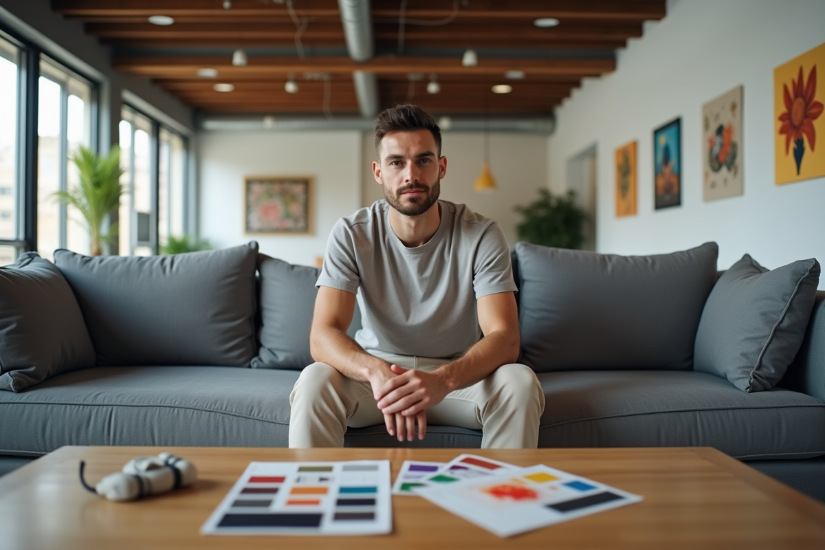 Jeune homme assis dans un loft contemporain
