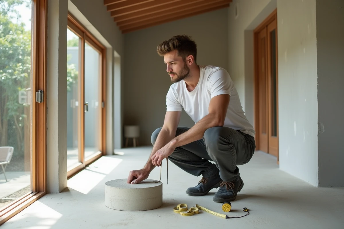 Jeune homme mesurant des pedestals en beton dans une loggia