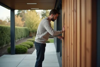 Jeune homme inspectant un panneau en bois extérieur moderne