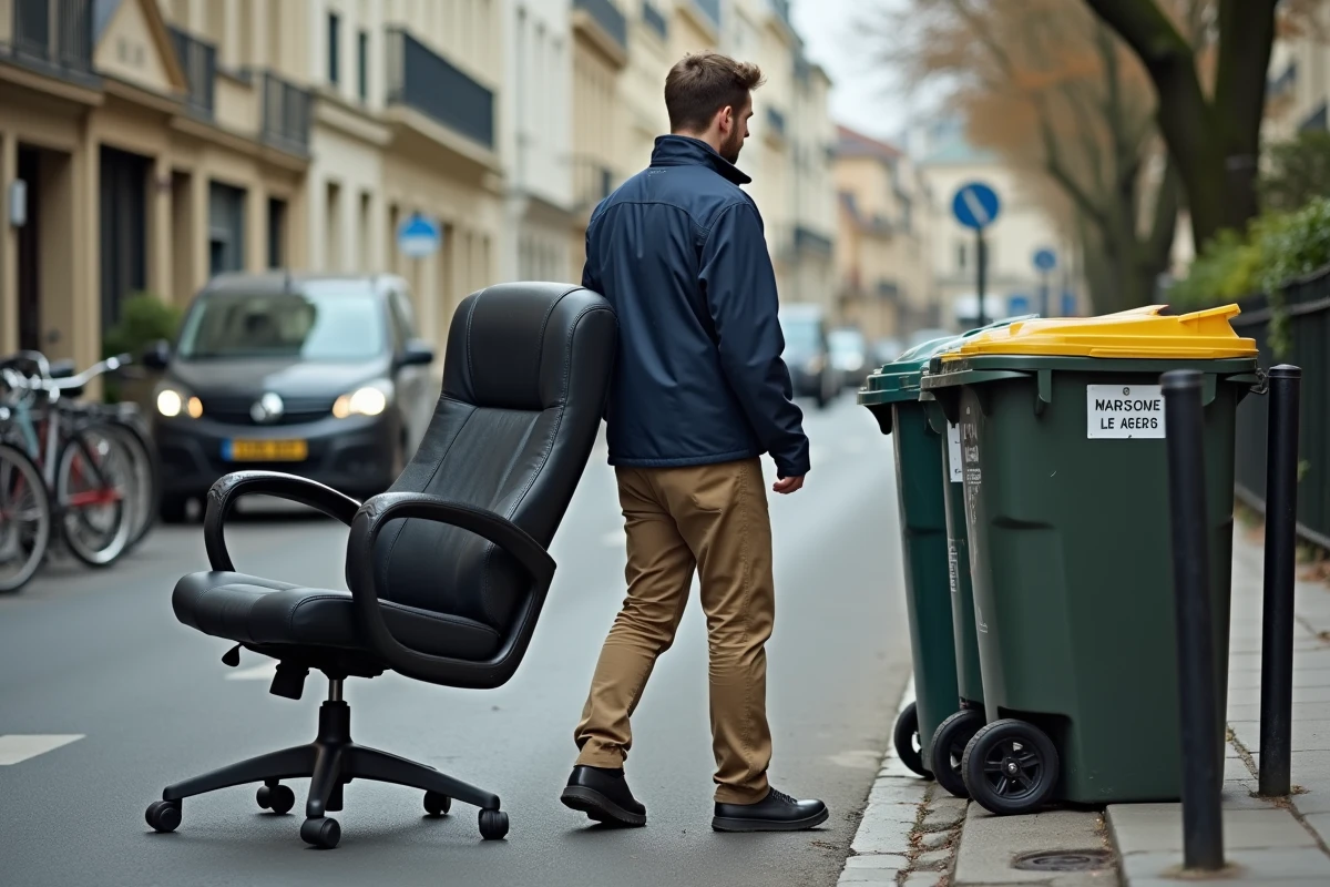Jeune homme déplaçant une chaise ancienne sur le trottoir parisien