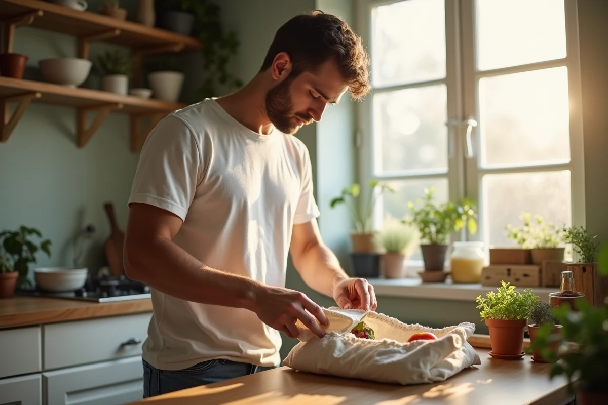 Jeune homme préparant son déjeuner dans une cuisine lumineuse