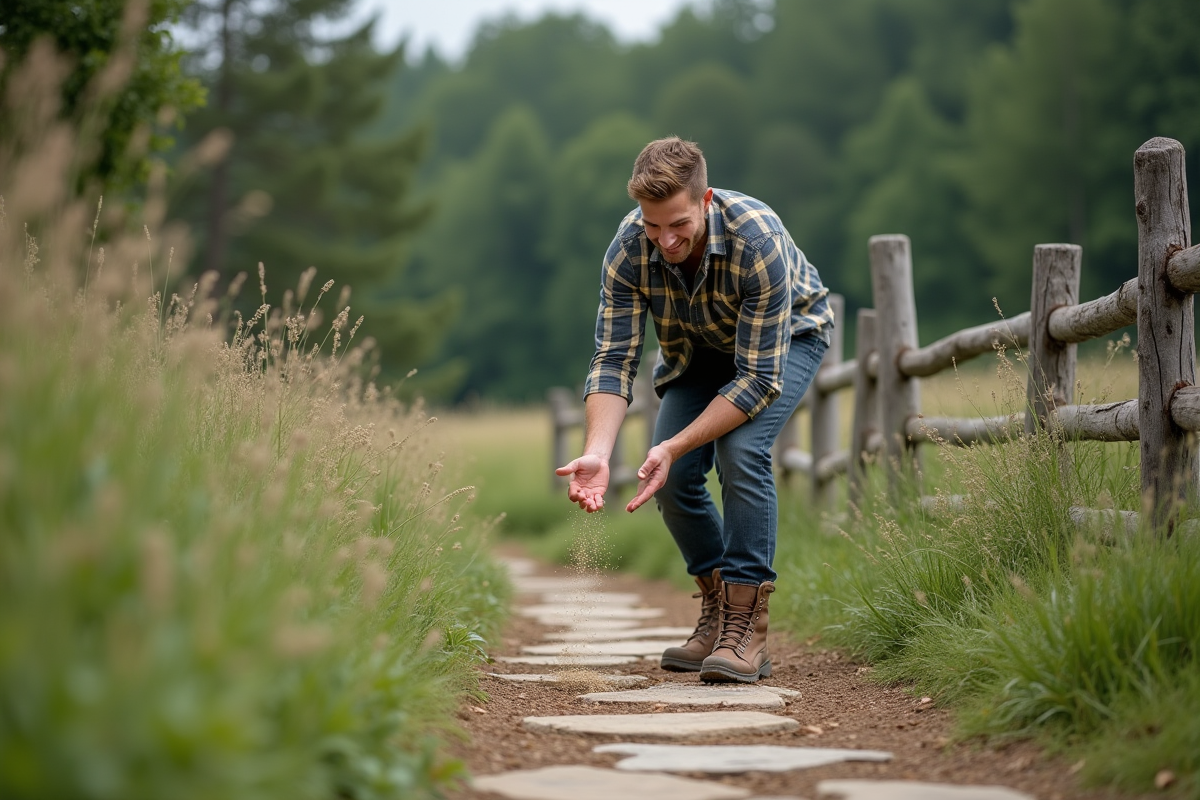 Jeune homme dispersant granules de répulsif dans le jardin