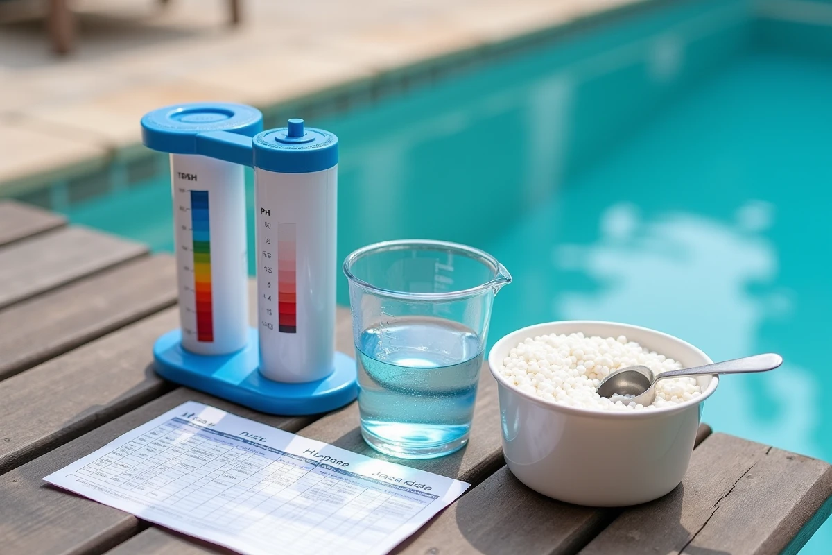 Kit de test d'eau de piscine, verre doseur et chlore choc granulés avec tableau de dosage selon pH et dureté