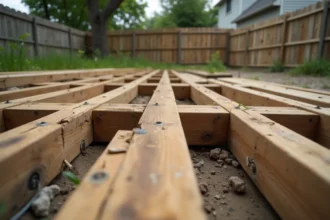 Lambourdes mal espacées sur une terrasse en bois en construction révélant des erreurs structurelles fréquentes