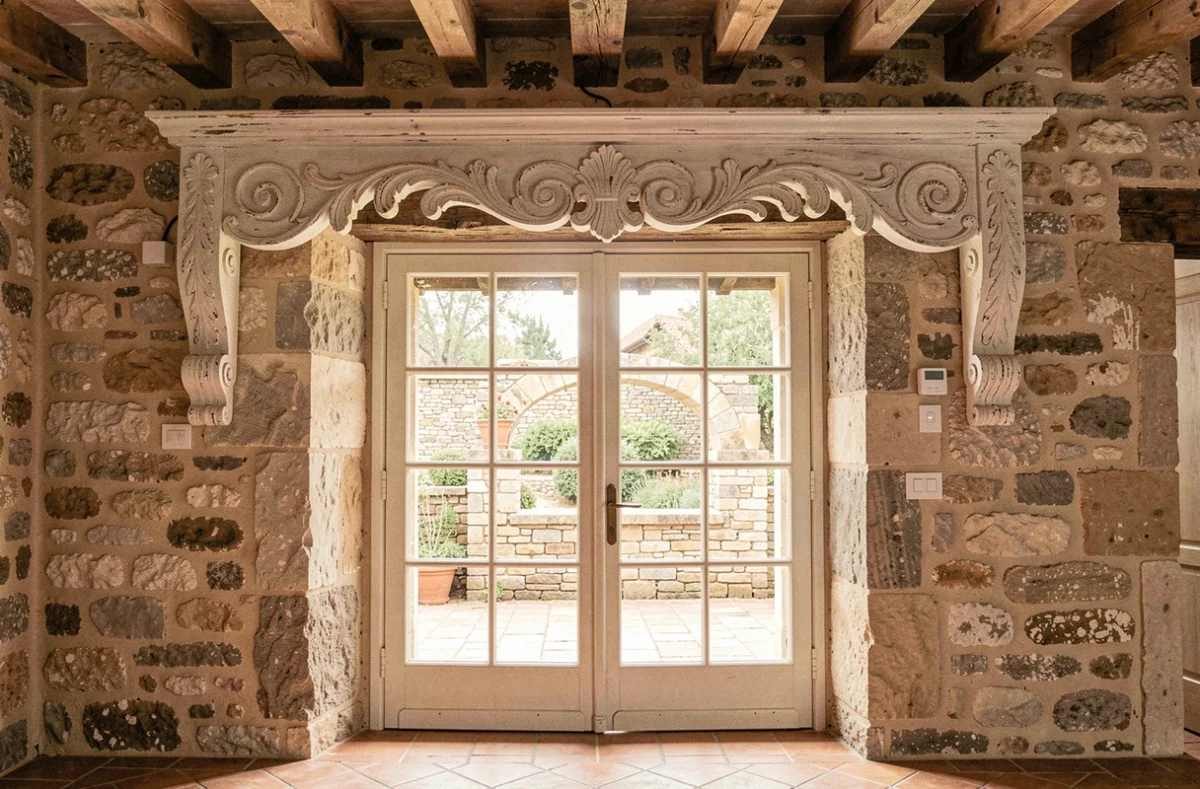 Lambrequin en bois sculpté blanc vieilli au-dessus de portes-fenêtres dans un manoir de campagne française en pierre