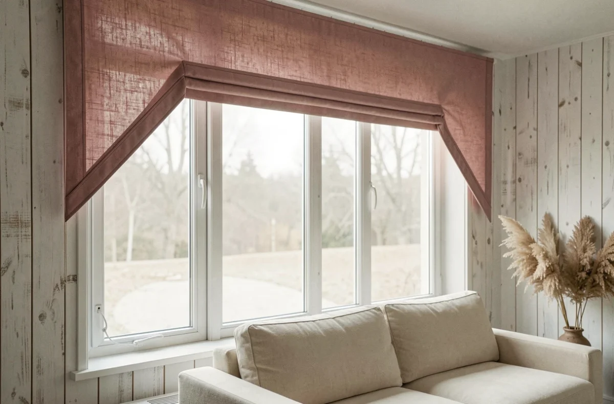 Lambrequin en lin rose poudré à découpes géométriques dans un salon scandinave lumineux avec baie vitrée