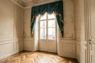 Lambrequin décoratif en velours sarcelle avec bordure à glands dorés au-dessus d'une fenêtre cintrée dans un appartement haussmannien