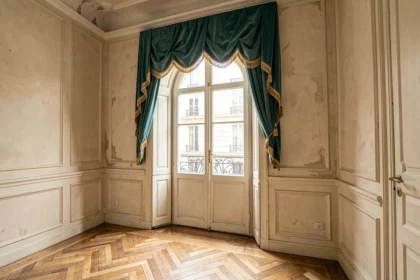 Lambrequin décoratif en velours sarcelle avec bordure à glands dorés au-dessus d'une fenêtre cintrée dans un appartement haussmannien
