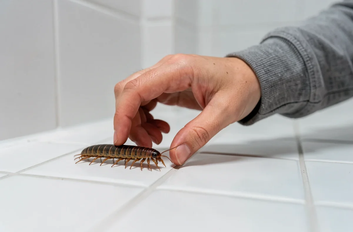 Main de femme approchant prudemment un mille-pattes sur le carrelage d'une salle de bain, symbolisant la curiosité face à cet insecte