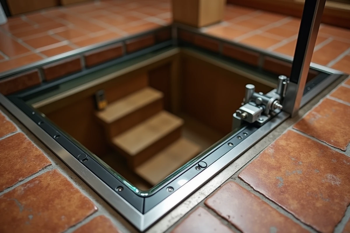 Mécanisme motorisé d'une trappe cave en verre trempé ouverte révélant un escalier vers une cave à vin avec charnières hydrauliques visibles