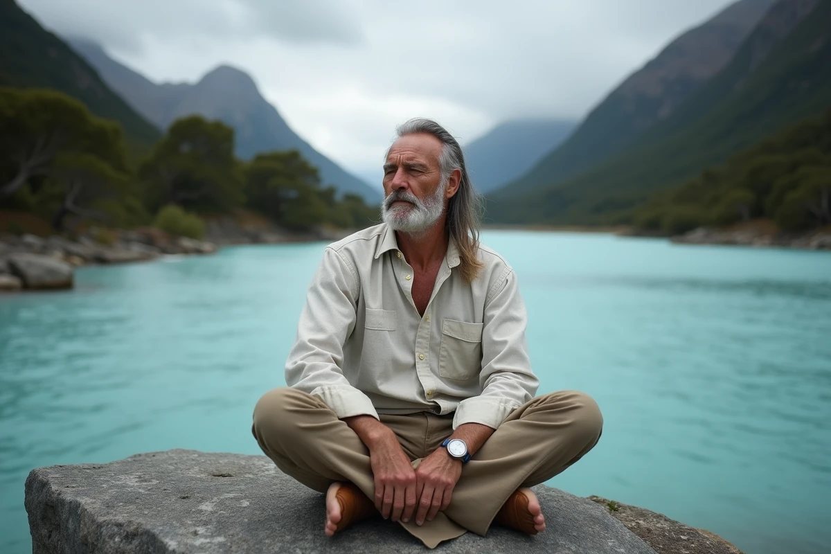 Homme aux cheveux argentés assis en méditation sur un rocher au bord d'une rivière glaciaire en Patagonie, expression de paix intérieure et de dépouillement volontaire