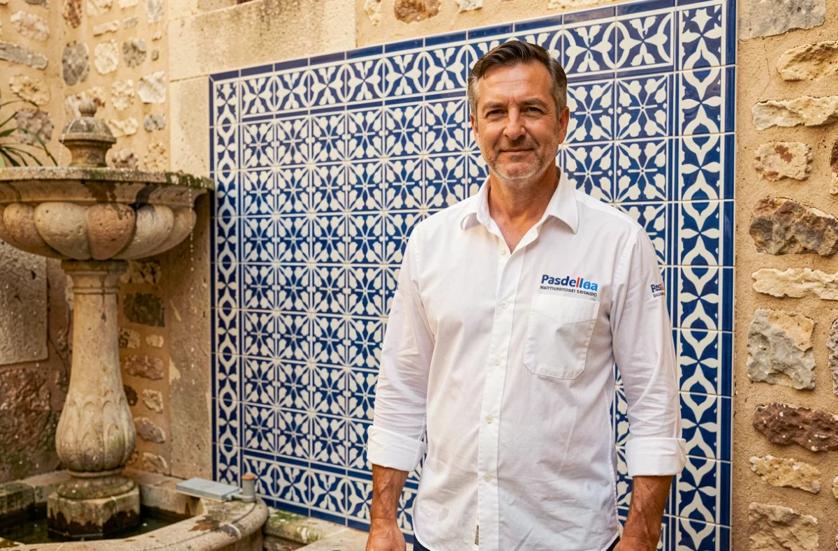 Artisan de Méditerranée Carrelage devant un mur en carreaux bleus et blancs de style marseillais