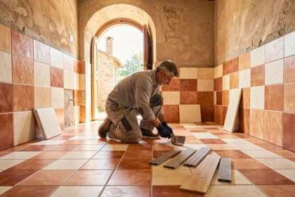 Carreleur professionnel posant du carrelage dans une salle de bain de style provençal dans les Bouches-du-Rhône