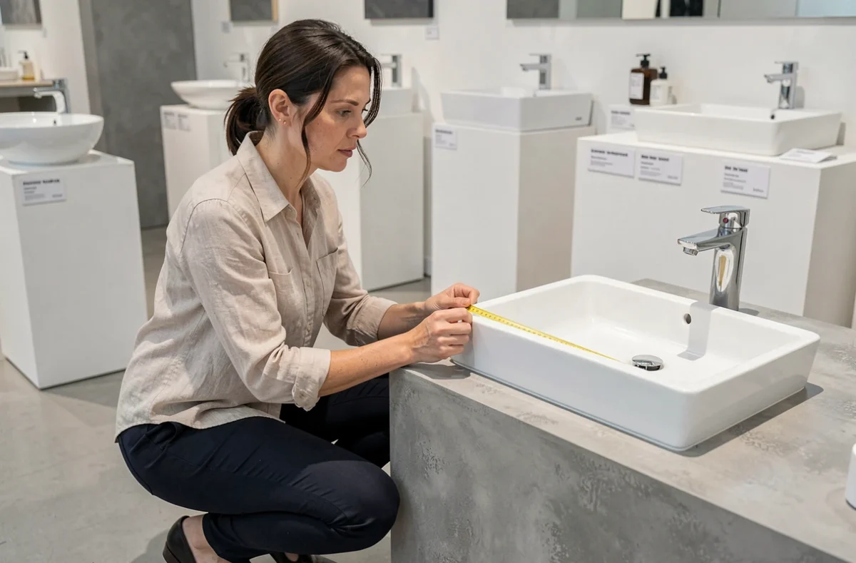 Professionnelle mesurant une vasque rectangulaire encastrée dans un showroom de salle de bain avec plusieurs modèles exposés