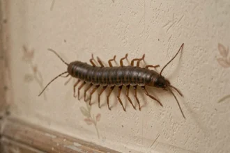 Mille-pattes posé sur un mur intérieur d'une maison, vue macro détaillée de ses pattes et antennes