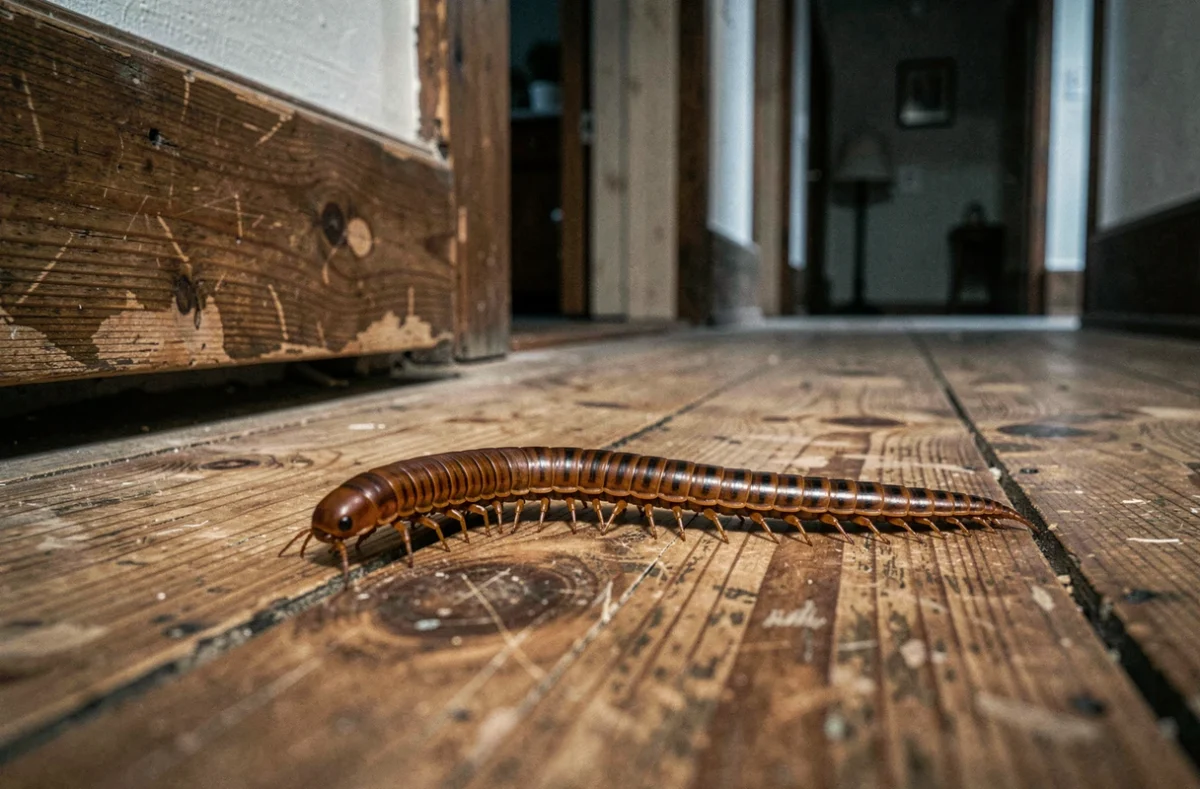 Mille-pattes traversant un plancher en bois usé dans un couloir de maison ancienne, vue au ras du sol