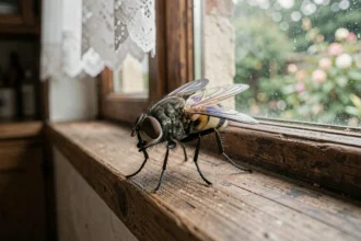 Mouche domestique posée sur un rebord de fenêtre en bois rustique, vue en macro avec détails des ailes et des yeux à facettes