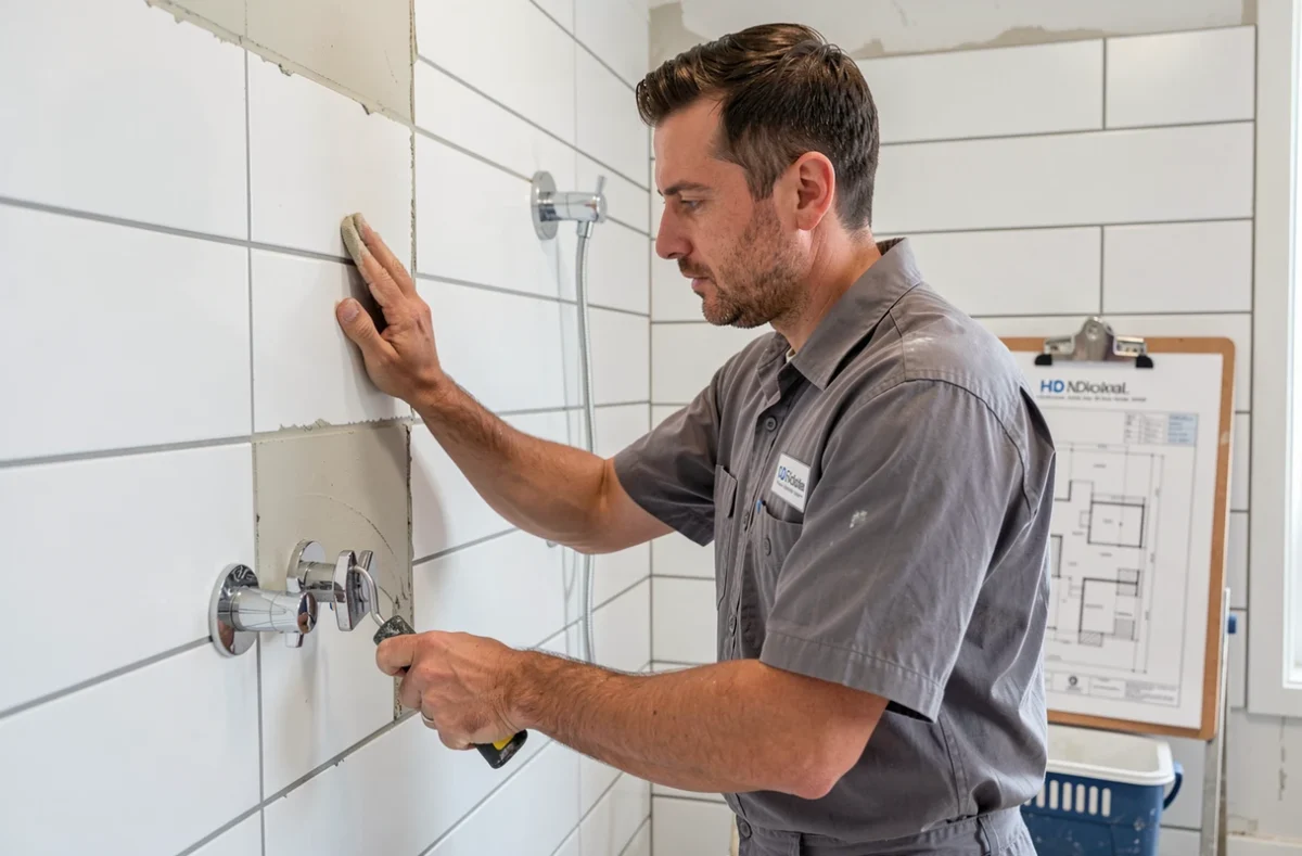 Carreleur de MPR Carrelage appliquant du joint époxy dans une salle de bain rénovée avec carreaux blancs