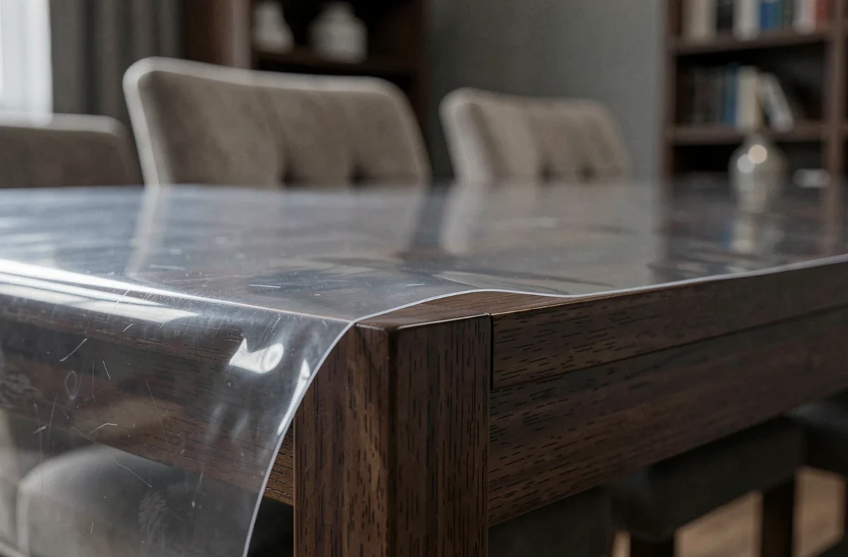 Gros plan sur le bord d'une nappe transparente mal ajustée sur une table en noyer, illustrant une erreur courante de mesure lors de la commande sur mesure
