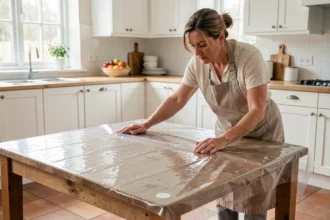 Femme ajustant une nappe transparente sur mesure sur une table en chêne dans une cuisine scandinave, inspectant les bords pour éviter les erreurs d'installation