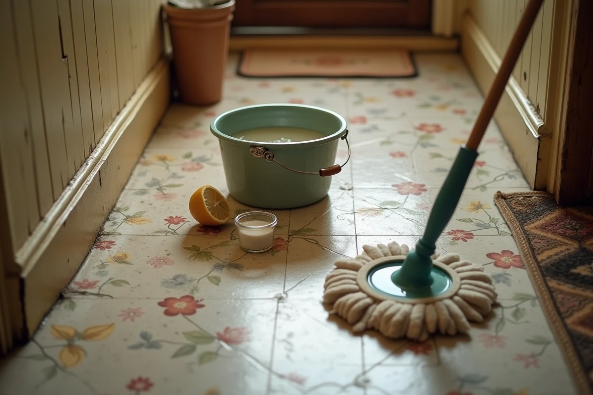 Nettoyage naturel du lino avec du citron et du sel gros dans un couloir de maison ancienne
