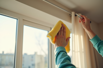 Personne nettoyant une tringle à rideau avec chiffon dans un salon lumineux