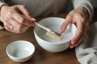 Femme nettoyant une bague en argent avec une brosse à dents et de l'eau savonneuse dans un bol en céramique sur une table en bois