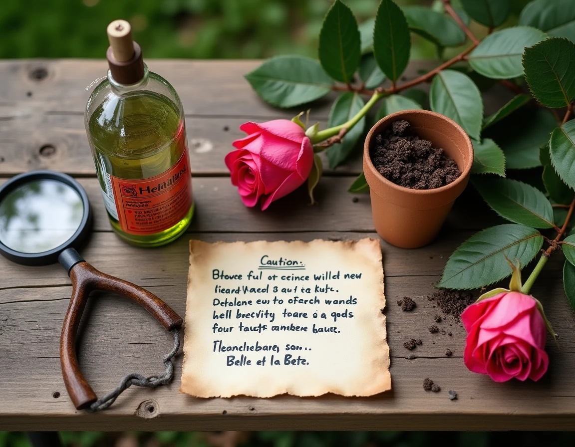 Pose à plat d'outils de jardinage et d'une rose Belle et la Bête coupée avec des exemples d'erreurs d'entretien comme l'excès d'engrais et le surrosage