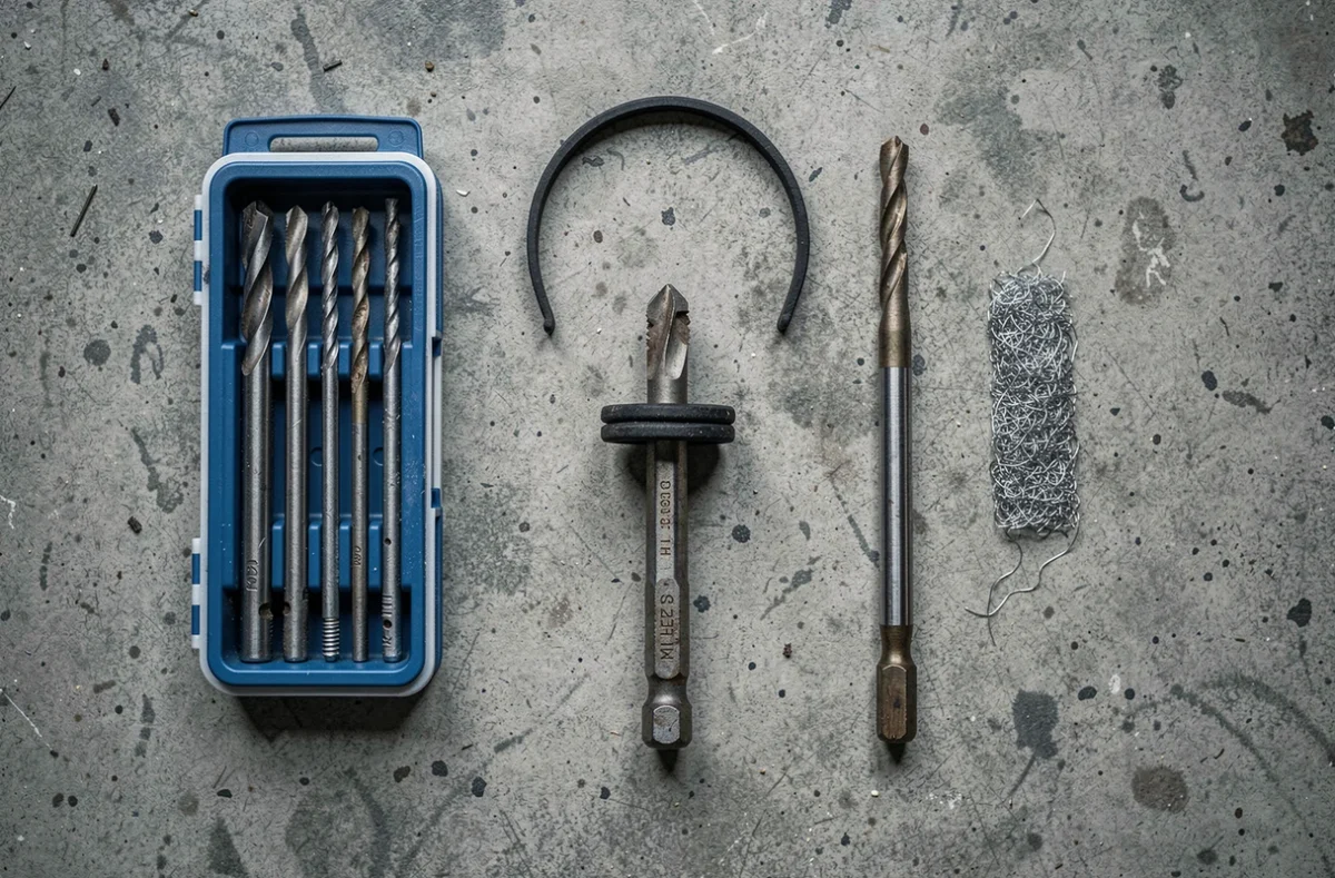 Vue de dessus des outils pour dévisser une vis foirée : extracteur de vis, élastique, foret et vis abîmée sur béton