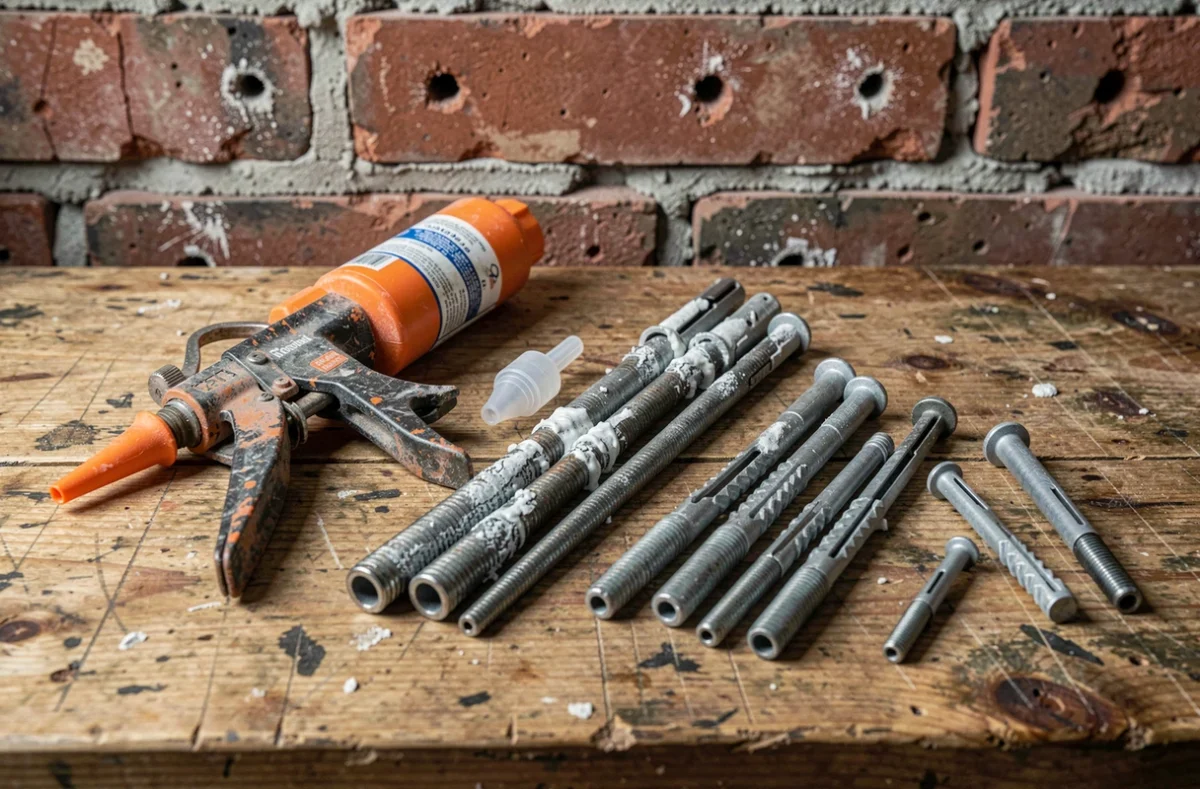 Pistolet à injection de résine, tiges filetées et chevilles mécaniques disposés sur un établi pour fixation dans la brique