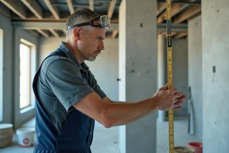 Ouvrier en tenue de chantier mesurant une plaque de plâtre