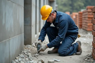 Ouvrier en combinaison injectant du ciment dans un mur