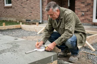 Ouvrier mesurant une dalle de béton en cours de coulage pour le calcul du volume en m3
