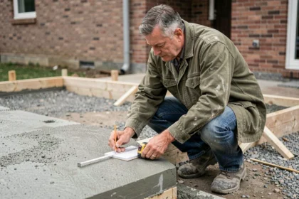 Ouvrier mesurant une dalle de béton en cours de coulage pour le calcul du volume en m3