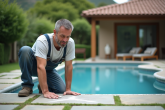 Ouvrier marquant le périmètre d'une piscine dans un jardin