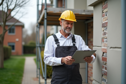 Ouvrier en overalls inspectant une maison en rénovation