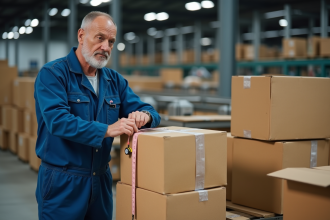 Ouvrier en bleu mesurant une caisse en carton dans l'usine