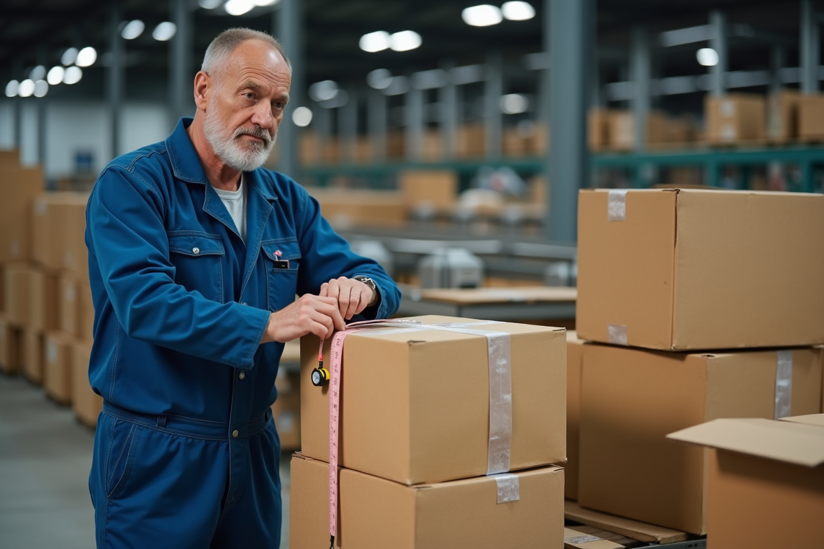 Ouvrier en bleu mesurant une caisse en carton dans l'usine