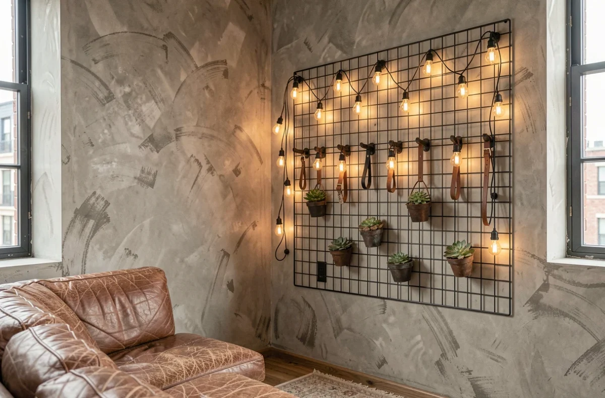 Panneau grille métallique noir en décoration murale industrielle dans un salon loft avec plantes et ampoules vintage