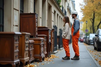 Femme parisienne discutant avec un ouvrier devant un mobilier ancien
