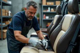 Technicien appliquant de la peinture cuir sur un siège auto abîmé dans un atelier de détailing professionnel