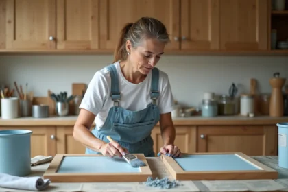 Femme appliquant de la peinture glycéro sur des portes de cuisine en bois sans ponçage préalable