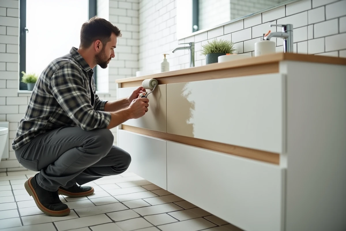 Homme appliquant une peinture glycéro satin sur un meuble de salle de bains sans ponçage