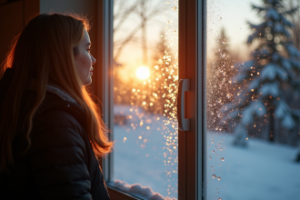 Personne à l'intérieur regardant par une fenêtre moderne en hiver