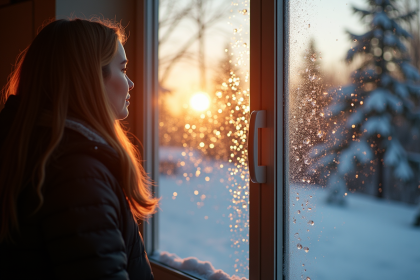 Personne à l'intérieur regardant par une fenêtre moderne en hiver