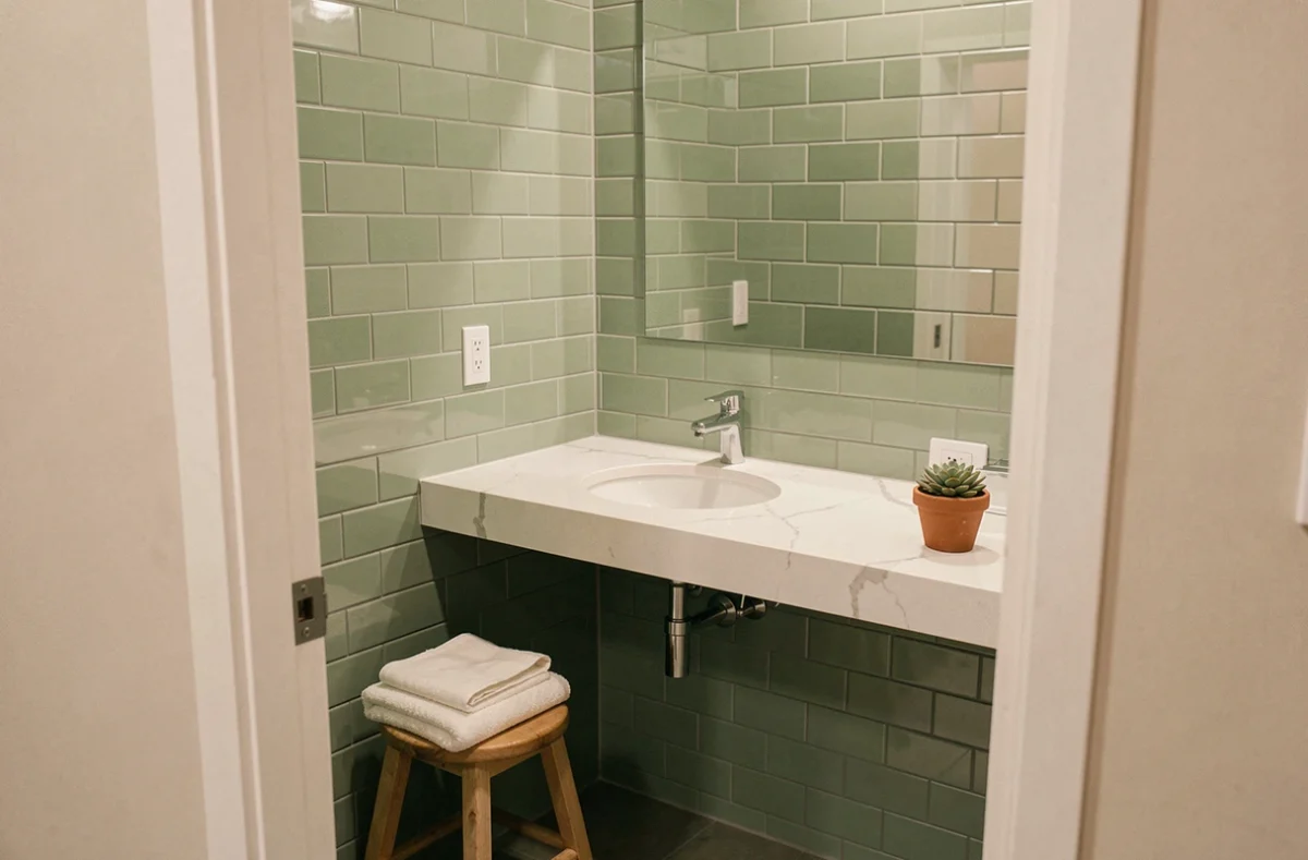 Petite vasque ronde encastrée dans une salle de bain compacte avec carrelage métro vert sauge et meuble étroit en coin